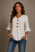 Julia - Blusa de algodón y lino liso con botones de madera y volantes