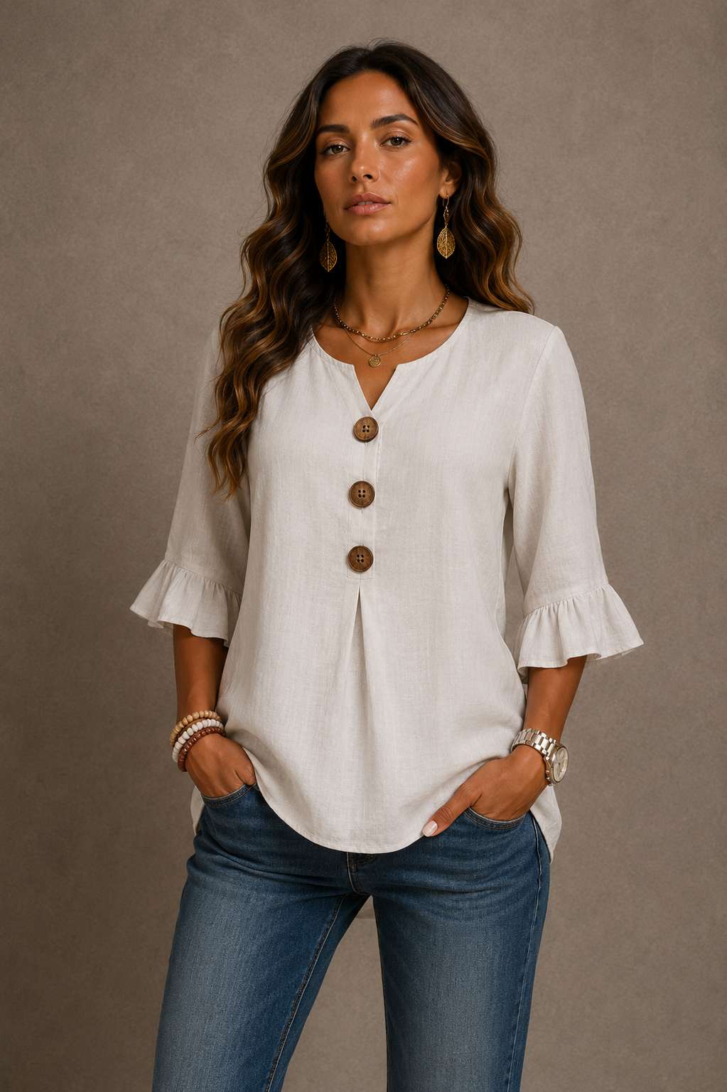 Julia - Blusa de algodón y lino liso con botones de madera y volantes