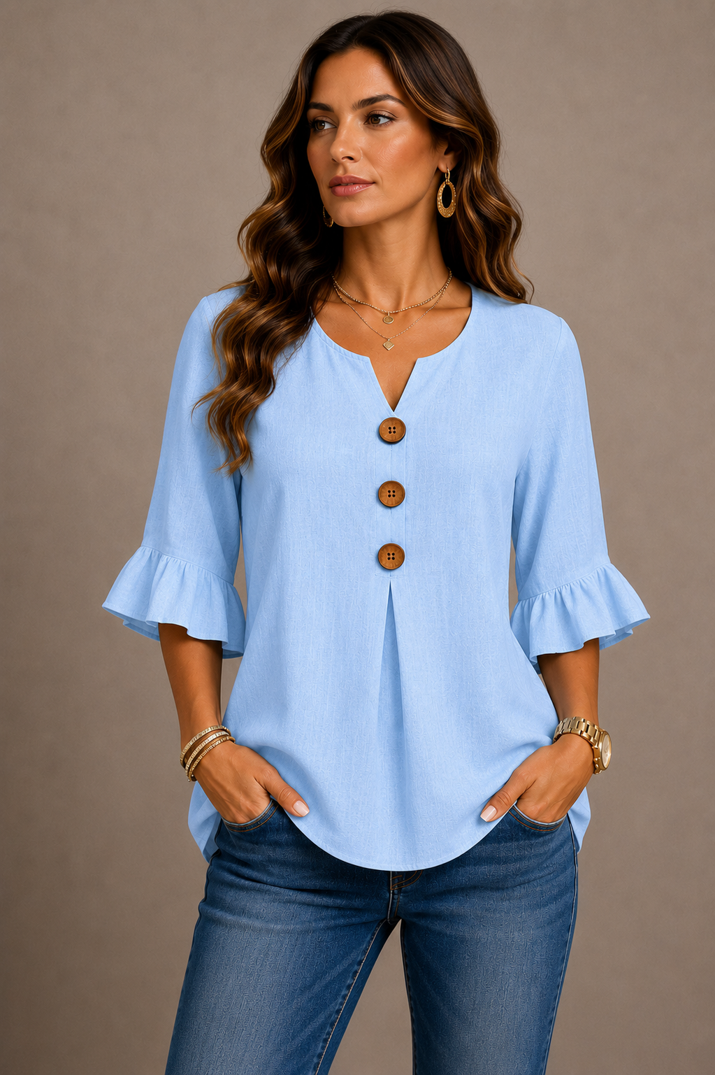 Julia - Blusa de algodón y lino liso con botones de madera y volantes