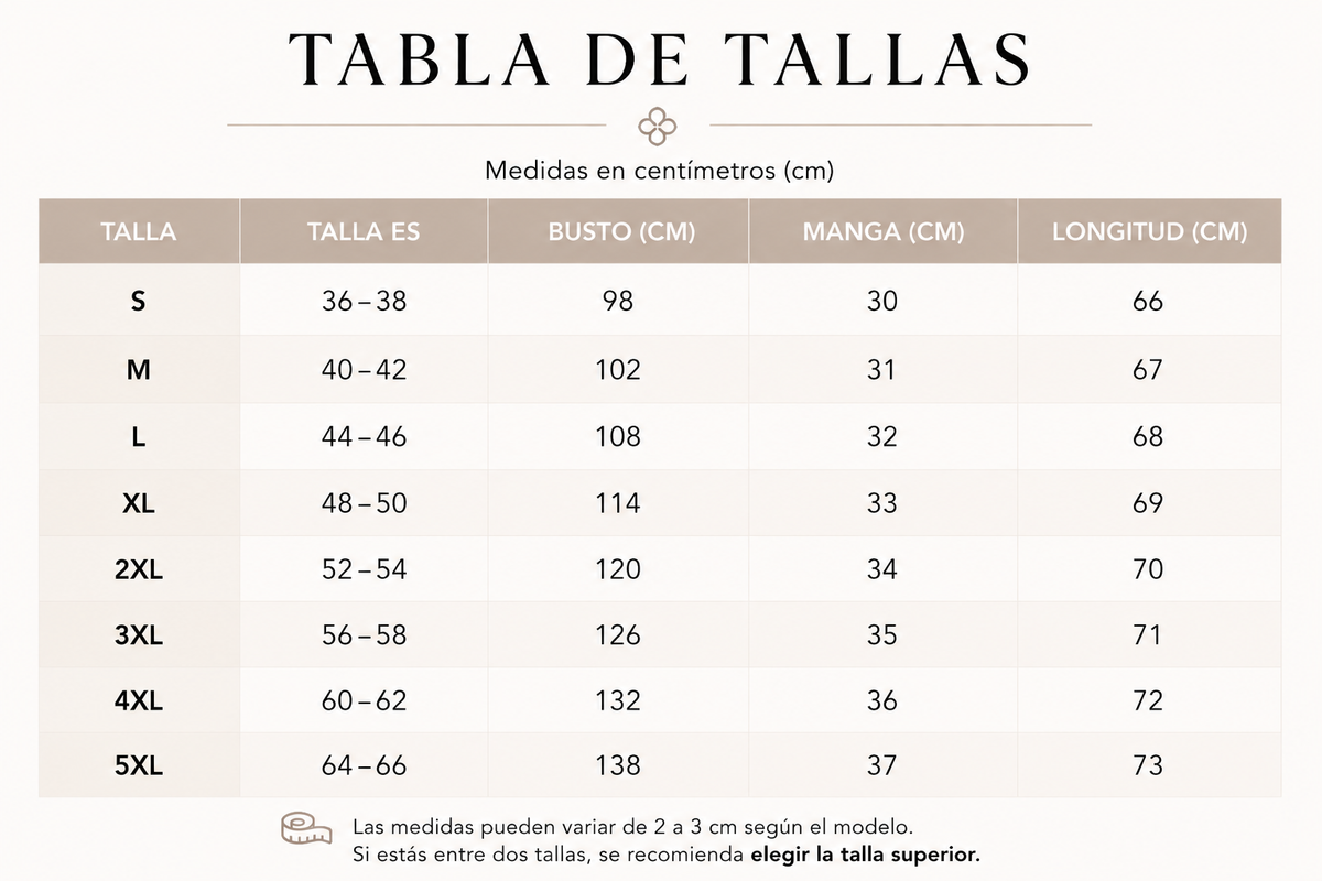 Tabla de tallas de María — Blusa de cuello elegante