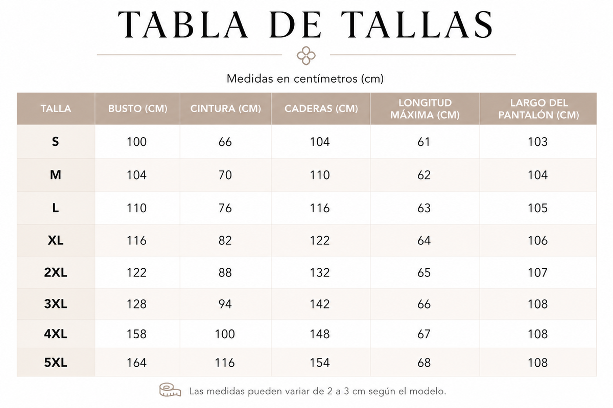 Tabla de tallas de Maribel — Conjunto de algodón y lino