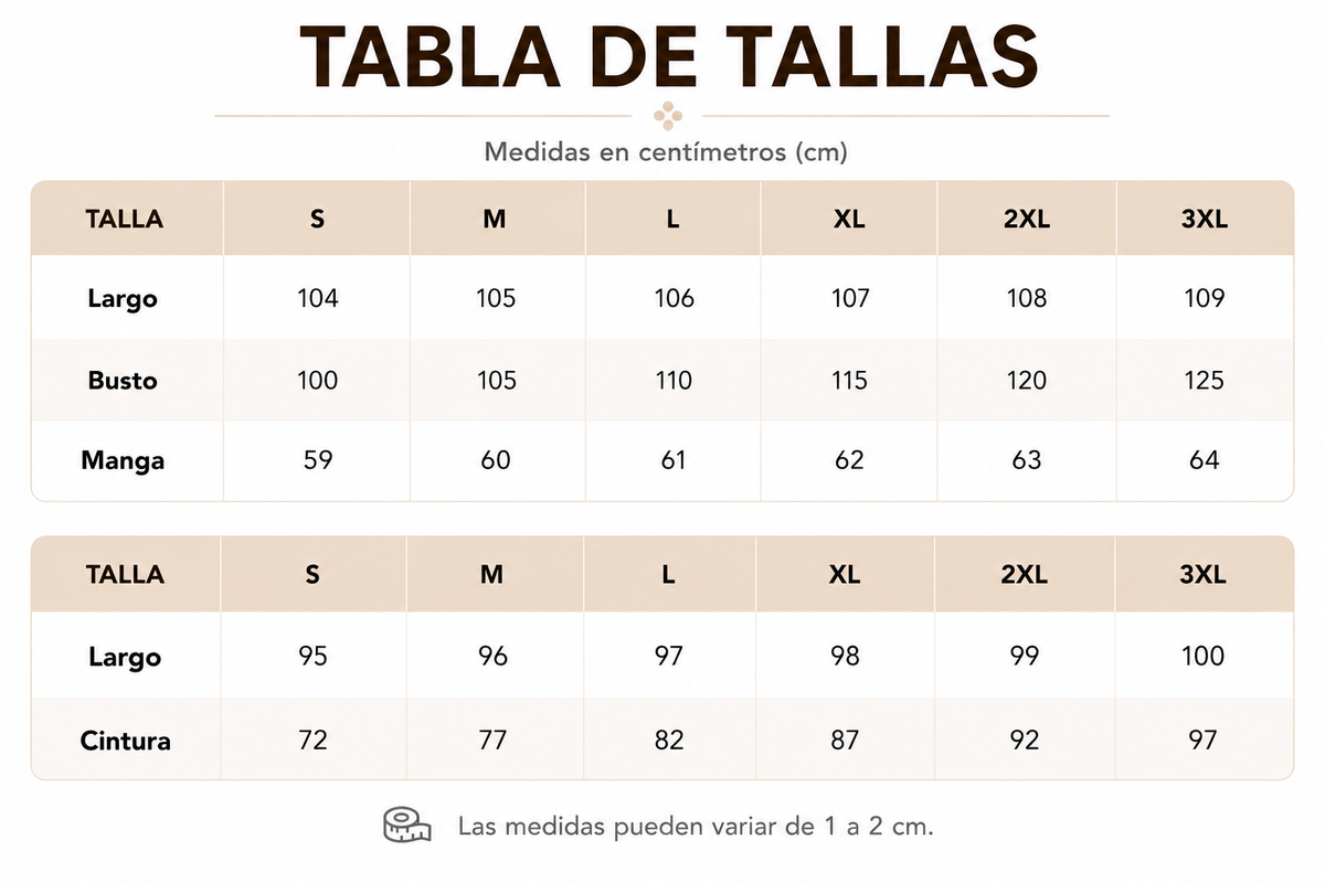 Tabla de tallas de Samantha — Conjunto costero