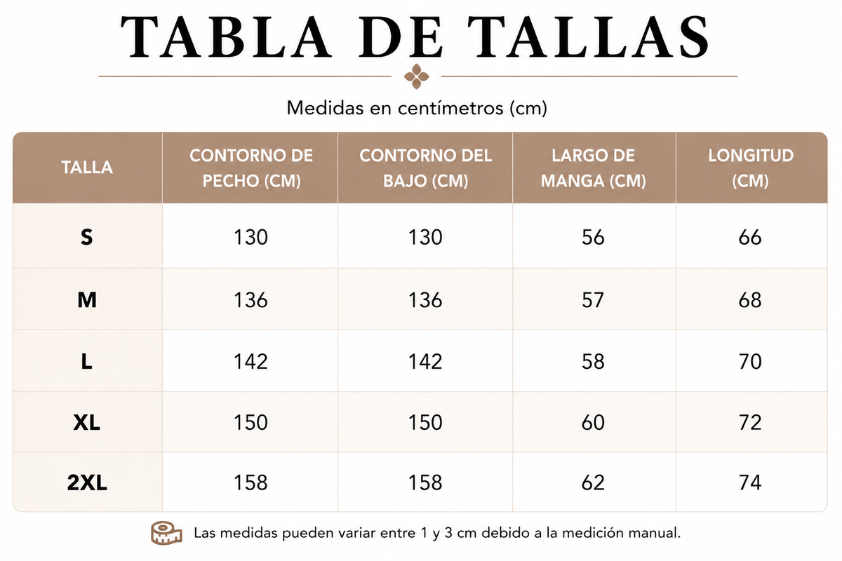 Tabla de tallas de Leila — Blusa tipo túnica con escote en V
