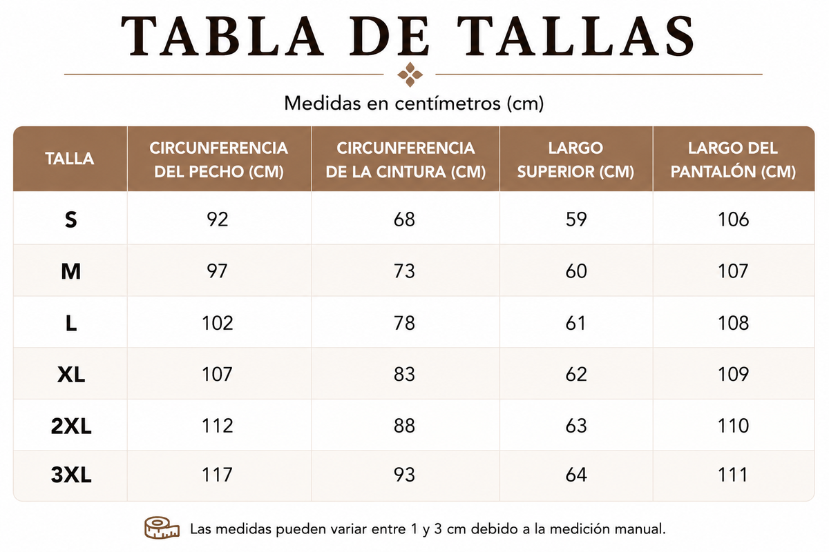 Tabla de tallas de Samara — Conjunto minimalista