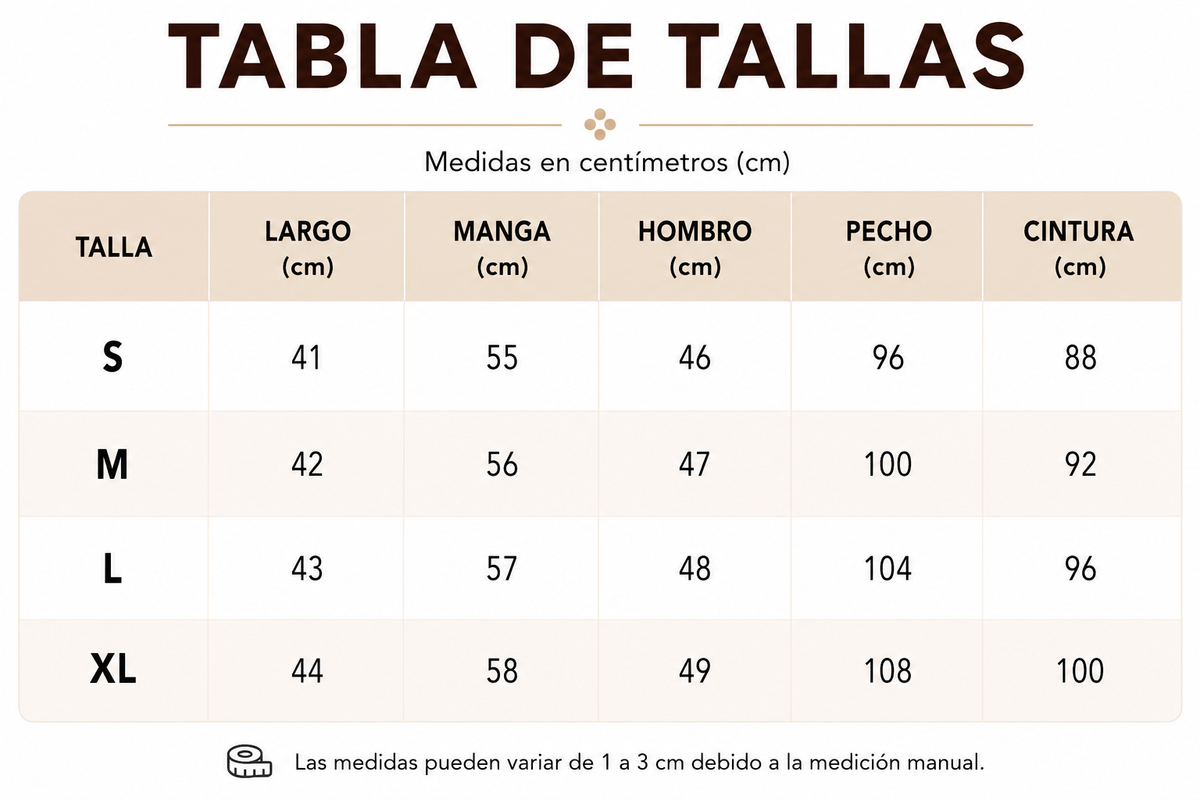 Tabla de tallas de Malú — Pantalones cargo acampanados