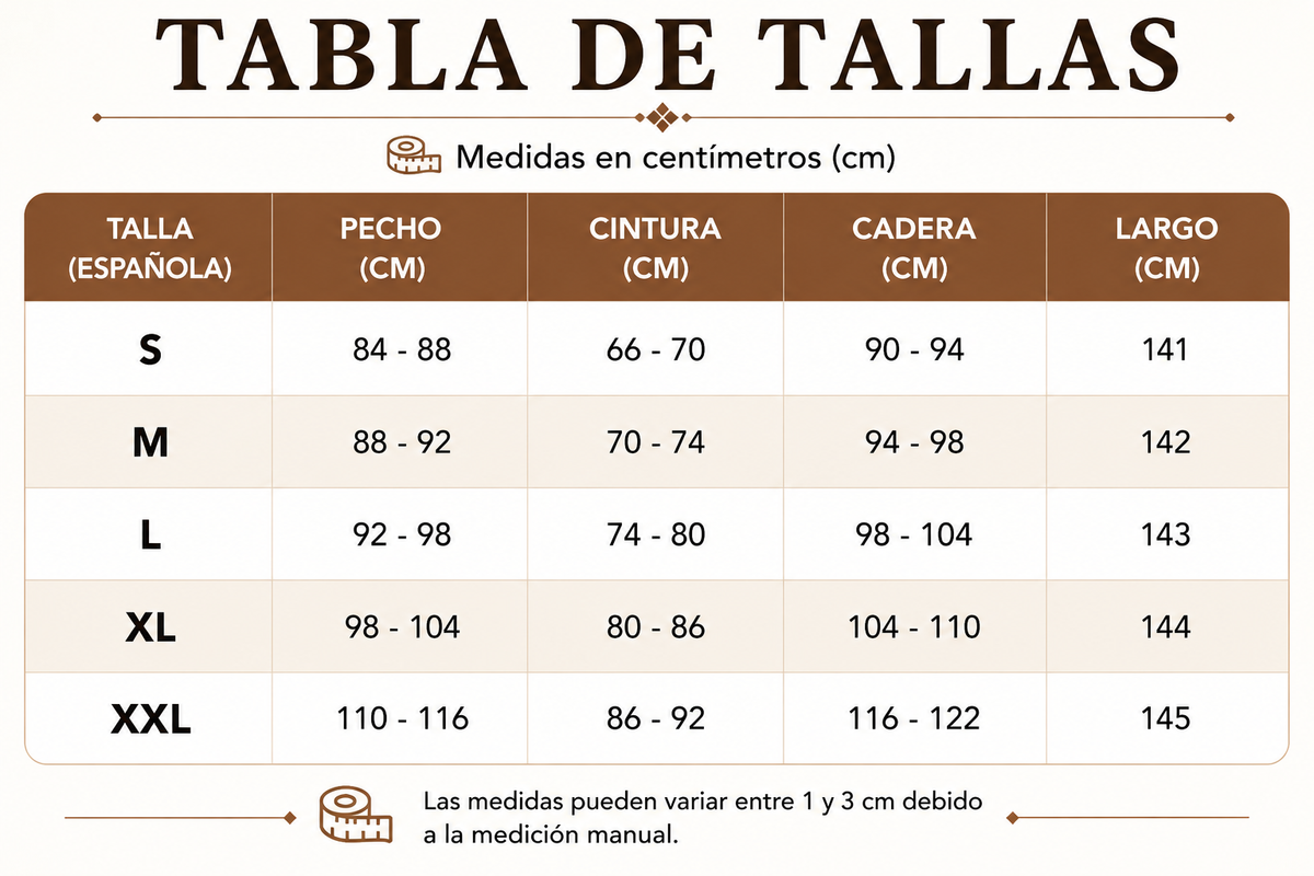 Tabla de tallas de Luz — Vestido largo