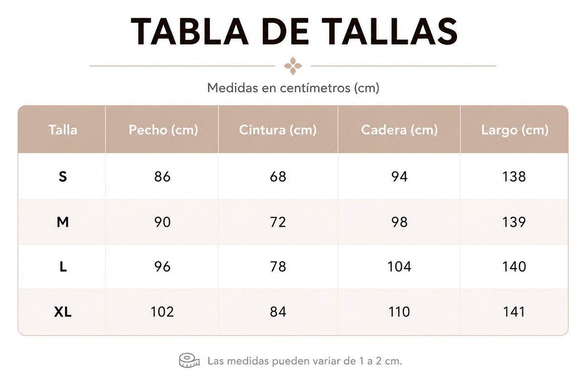 Tabla de tallas de Venezia — Vestido elegante