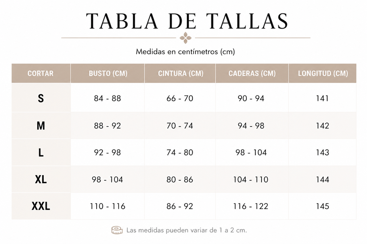 Tabla de tallas de Verona — Vestido elegante