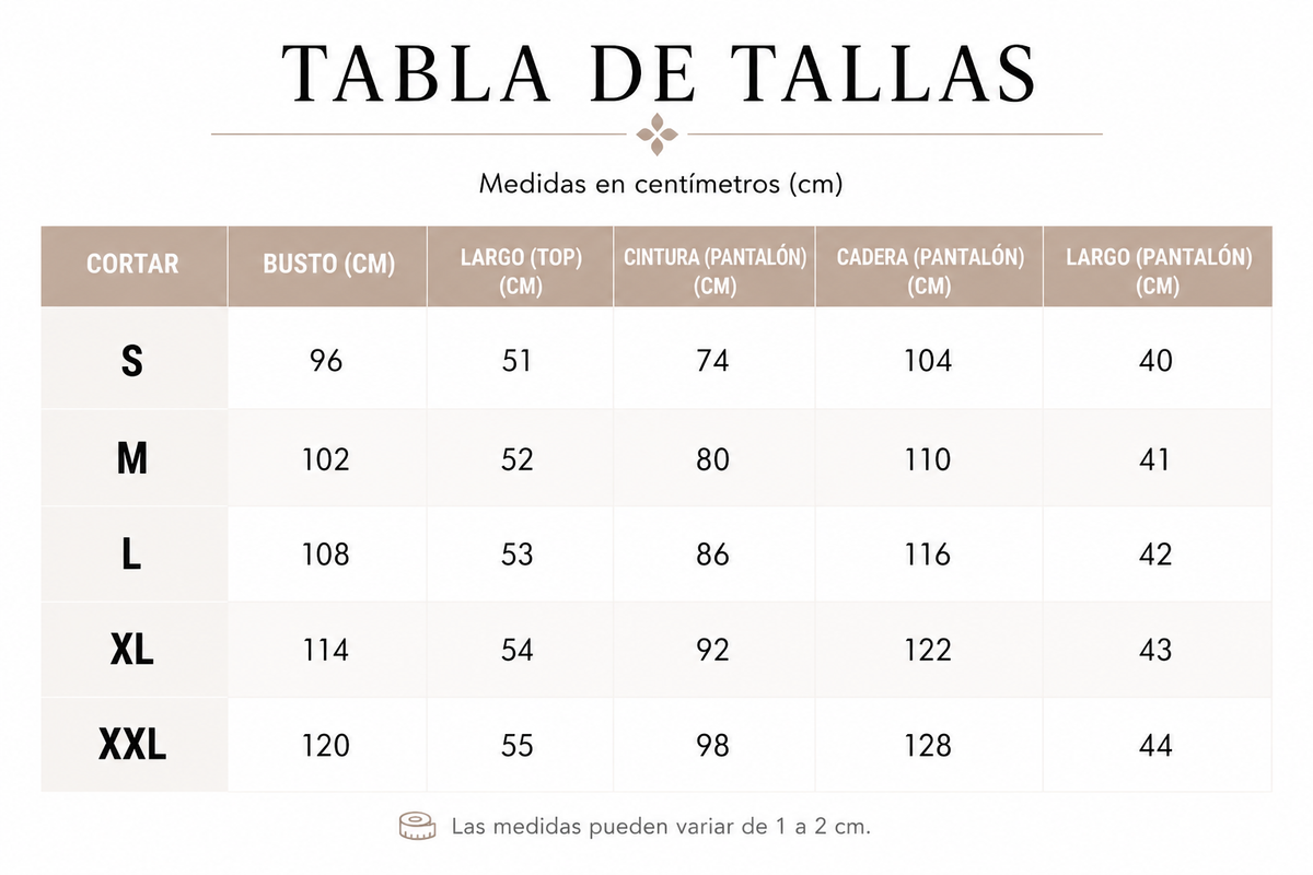 Tabla de tallas de Vega — Conjunto casual