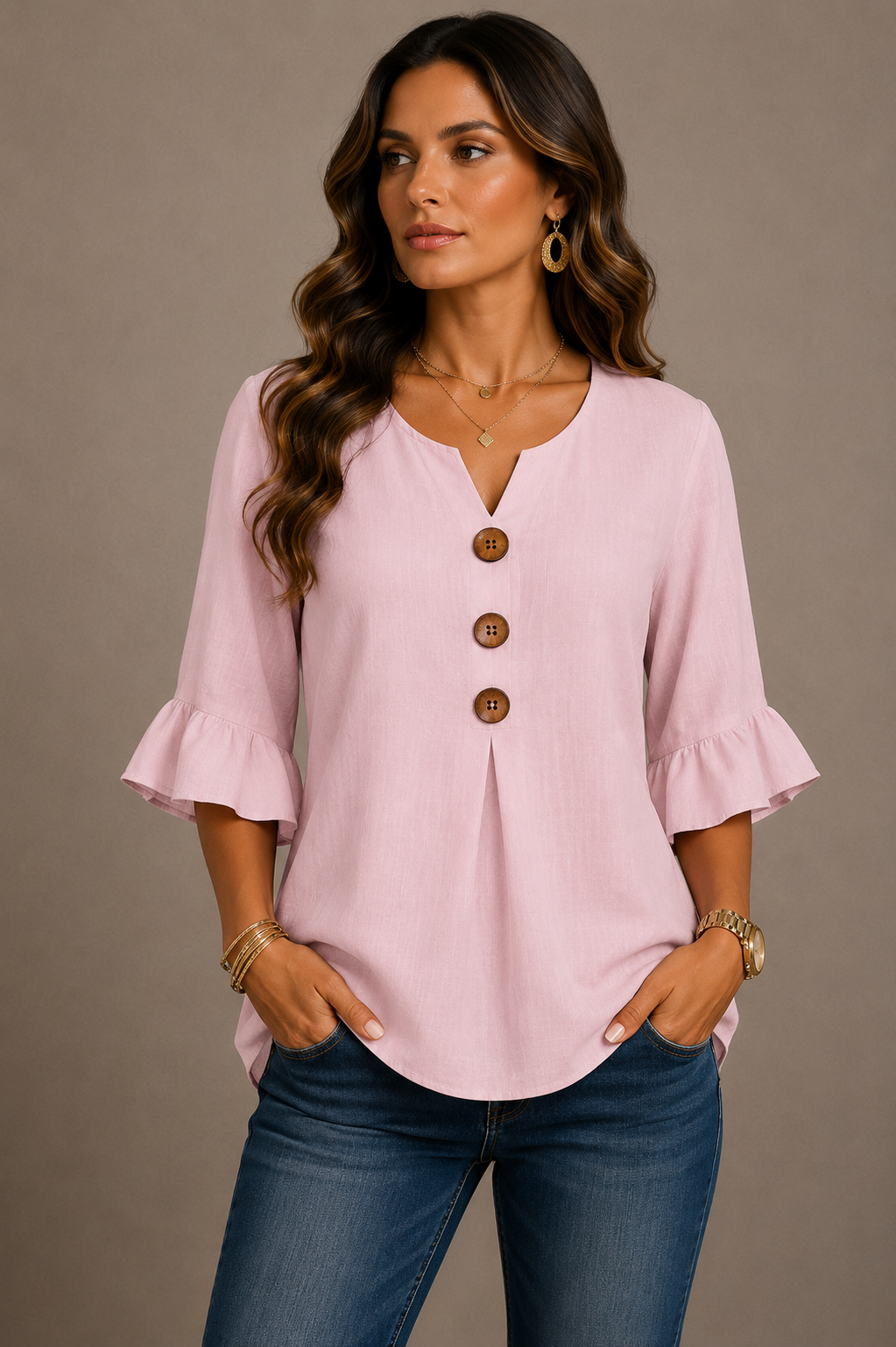 Julia - Blusa de algodón y lino liso con botones de madera y volantes