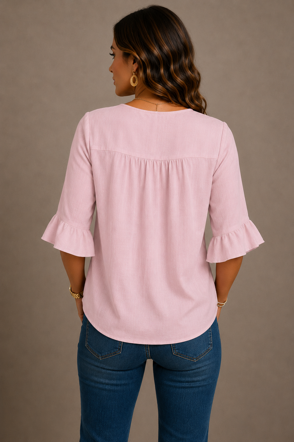 Julia - Blusa de algodón y lino liso con botones de madera y volantes